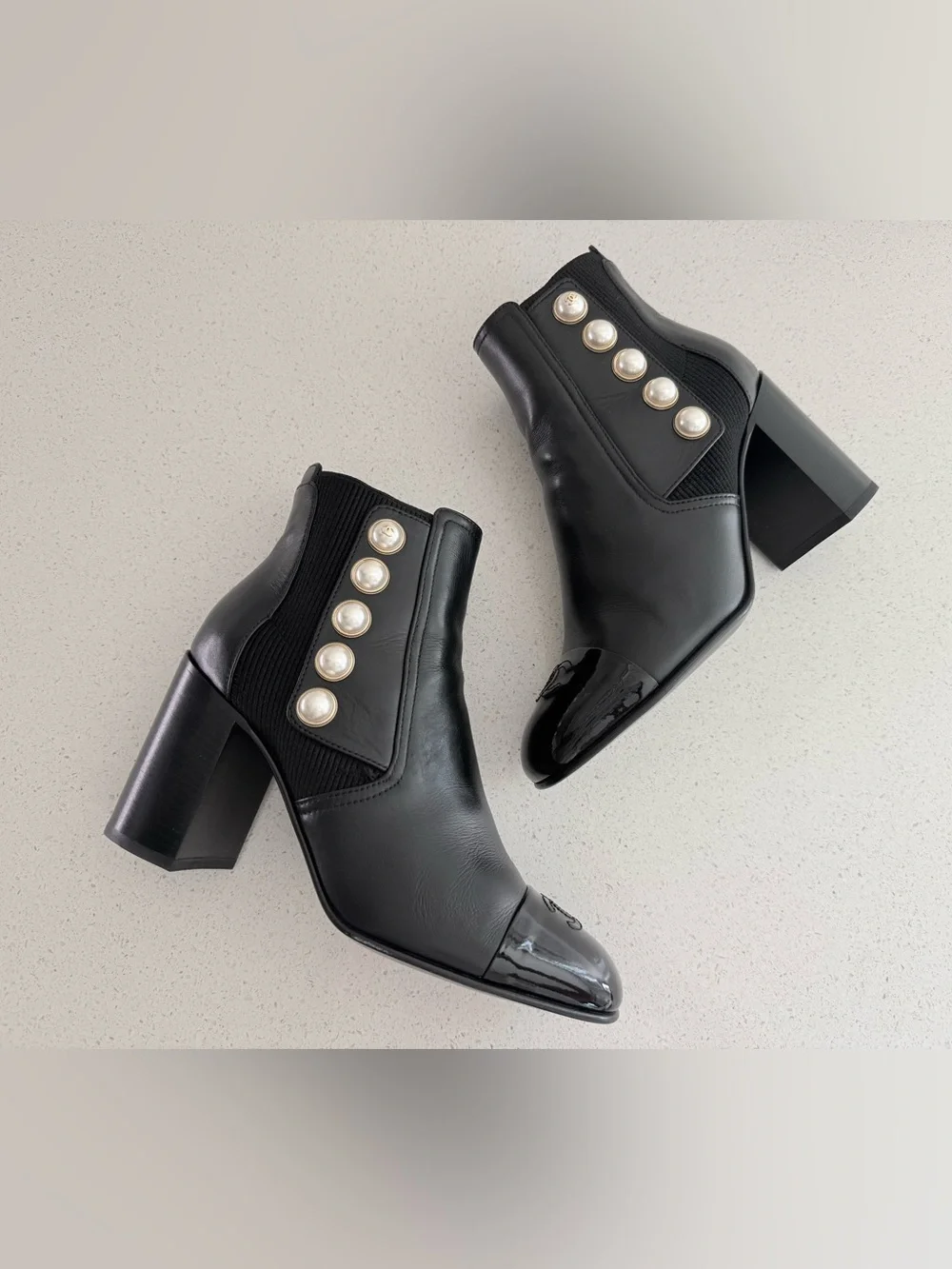 CHANEL  Coco Mark Faux-Pearl Black Leather Ankle Boots